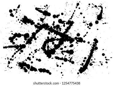 Paint splatter background. Black ink splash background, isolated on white. dirt splat, spray texture, watercolor dust drop. Vector illustration