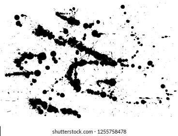 Paint splatter background. Black ink splash background, isolated on white. dirt splat, spray texture, watercolor dust drop. Vector illustration