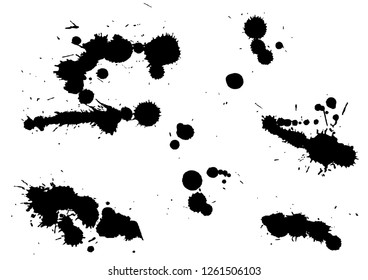 Paint splatter background. Black ink splash background, isolated on white. dirt splat, spray texture, watercolor dust drop. Vector illustration