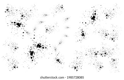 Paint splatter background. Black paint, ink splash, brushes ink droplets, blots. Black ink splatter background, isolated on white. Vector illustration
