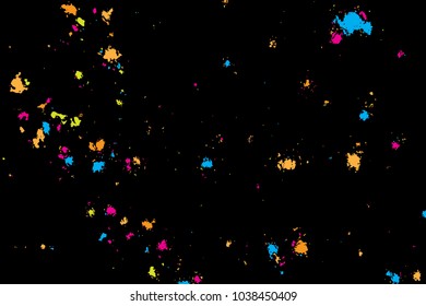 Paint splatter background. Colourful explosion of paints. Grainy textured holiday birthday design for greeting cards and craft paper template visuals. Vector.