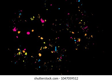 Paint splatter background. Colourful explosion of paints. Grainy textured holiday birthday design for greeting cards and craft paper template visuals. Vector.