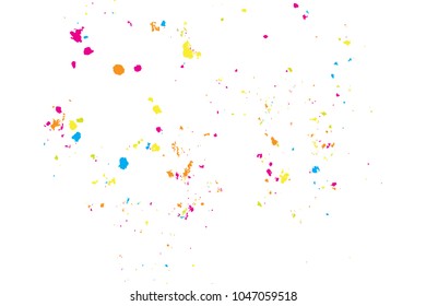 Paint splatter background. Colourful explosion of paints. Grainy textured holiday birthday design for greeting cards and craft paper template visuals. Vector.