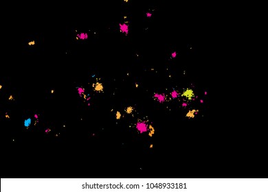 Paint splatter background. Colourful explosion of paints. Grainy textured holiday birthday design for greeting cards and craft paper template visuals. Vector.