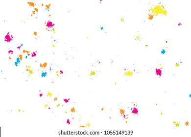 Paint splatter background. Colourful explosion of paints. Grainy textured holiday birthday design for greeting cards and craft paper template visuals. Vector.