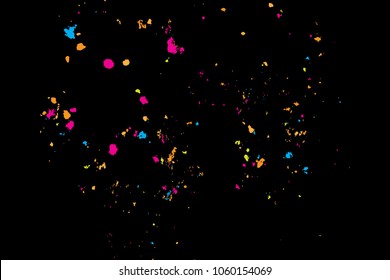 Paint splatter background. Colourful explosion of paints. Grainy textured holiday birthday design for greeting cards and craft paper template visuals. Vector.