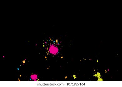 Paint splatter background. Colourful explosion of paints. Grainy textured holiday birthday design for greeting cards and craft paper template visuals. Vector.