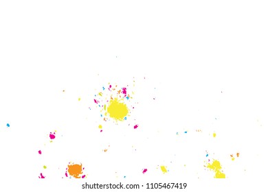 Paint splatter background. Colourful explosion of paints. Grainy textured holiday birthday design for greeting cards and craft paper template visuals. Vector.