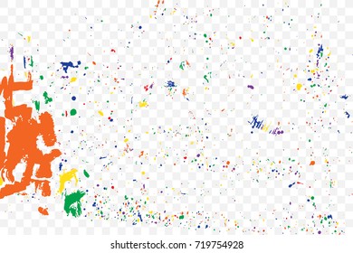 Paint splatter background. Colourful explosion of paints. Grainy textured holiday birthday design for greeting cards and craft paper template visuals. Vector.