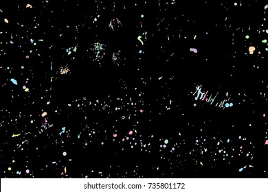 Paint splatter background. Colourful explosion of paints. Grainy textured holiday birthday design for greeting cards and craft paper template visuals. Vector.