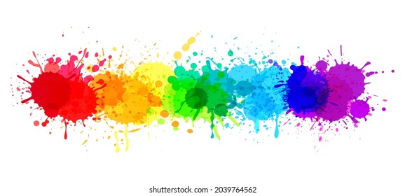 Paint splatter banner, rainbow watercolor paint stains. Colorful splattered spray paints, abstract color ink explosion vector background. Beautiful bright spot design, festive splashes