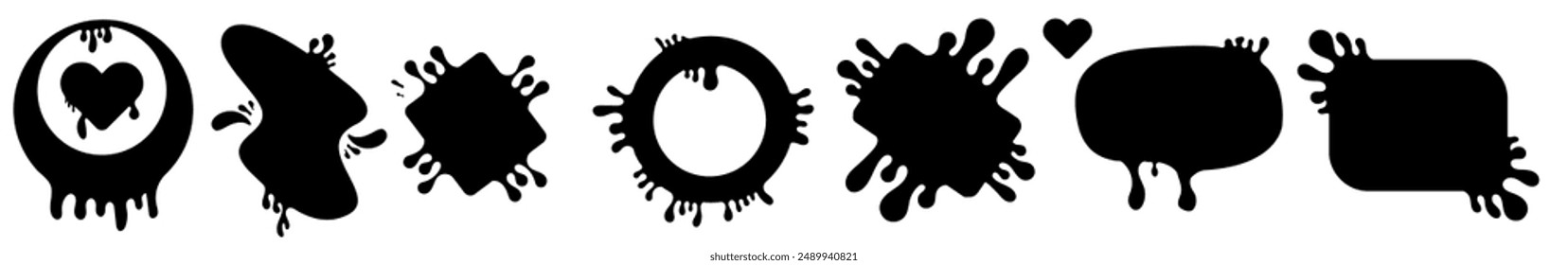 Paint splatter black set and collection. Different type of splash flat collection, decorative liquids shapes. splashes and drops, cartoon spatters. Black stain set isolated on transparent background