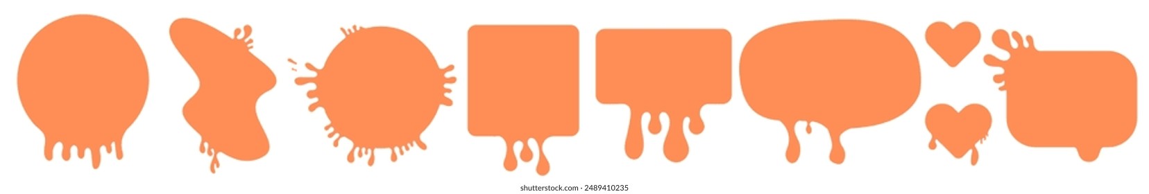 Paint splatter colorful set and collection. Different type of splash flat collection, decorative liquids shapes. splashes and drops, cartoon spatters. Orange stain set isolated on transparent back