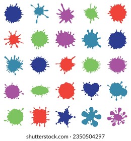 Paint splatter colorful set. Flat collection splash round, fluid decorative shapes. Different splashes and drops, cartoon splash. Stain colored ink collection. Isolated vector illustration