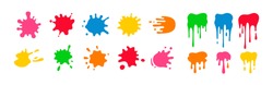 Paint Splatter Colorful Set. Round Splash Flat Collection, Decorative Shapes Liquids. Different Splashes And Drops, Cartoon Spatters. Stain Colored Ink Collection. Isolated Vector Illustration