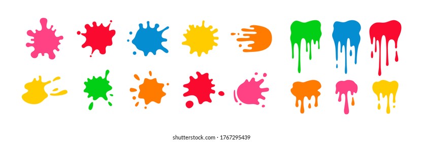 Paint splatter colorful set. Round splash flat collection, decorative shapes liquids. Different splashes and drops, cartoon spatters. Stain colored ink collection. Isolated vector illustration - Shutterstock ID 1767295439
