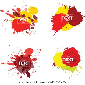 Paint splatter colorful set. Round splash flat collection, decorative shapes liquids. Different splashes and drops, cartoon spatters. Stain colored ink collection. Isolated vector illustration