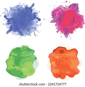 Paint splatter colorful set. Round splash flat collection, decorative shapes liquids. Different splashes and drops, cartoon spatters. Stain colored ink collection. Isolated vector illustration