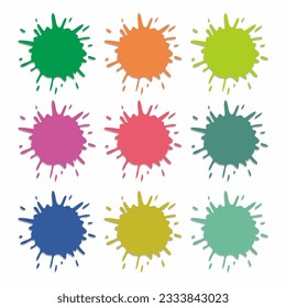 Paint splatter colorful set. Round splash flat collection. Cartoon splatters. Stain colored ink collection. Isolated vector illustration.