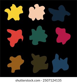 Paint splatter colorful set. Round splash flat collection, decorative shapes liquids. Different splashes and drops, cartoon spatters. Stain colored ink collection. Isolated vector illustration