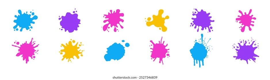 Paint splatter colorful set. Round ink flat splatter, decorative shapes liquids. Stain colored ink collection. 