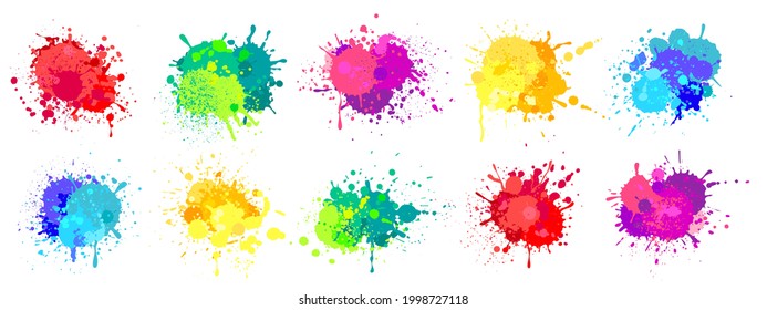 Paint splatter. Colorful spray paints splashes, rainbow colored ink stains, drops, blot. Abstract grunge color painted stains vector set. Bright liquid inkblots mix isolated on white