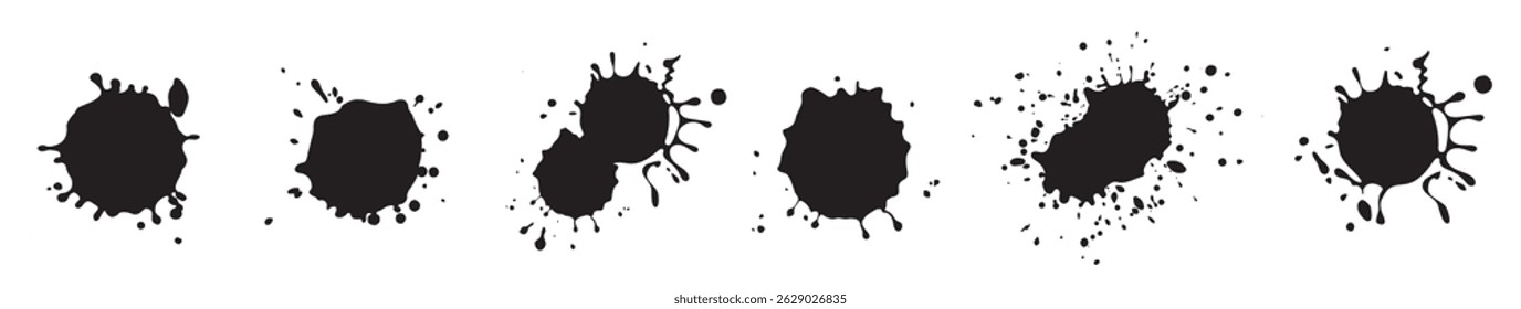 Paint splatter drops. Black ink spray, bright paint blots, abstract paint splashes flat vector illustration set. Paint splash isolated on white background. Splash splatter abstract shape.