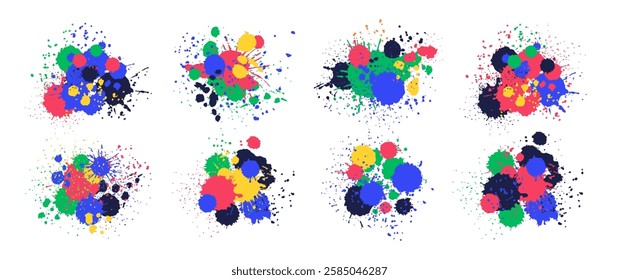 Paint splatter drops. Colorful ink spray, bright paint blots, abstract paint splashes flat vector illustration set. Paint splash isolated on white background