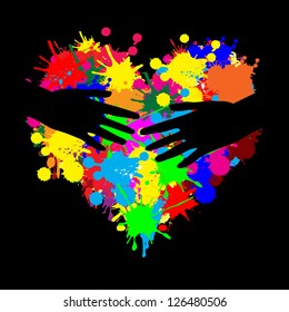 Paint splatter heart with two hands on black, vector illustration