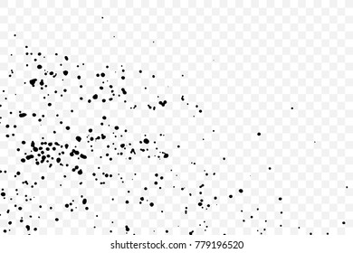 Paint splatter on transparent background. Black explosion of paints. Grainy textured design for craft paper art effect template visuals. Vector.