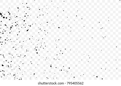Paint splatter on transparent background. Black explosion of paints. Grainy textured design for craft paper art effect template visuals. Vector.