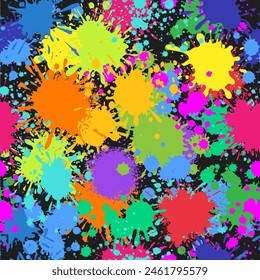 Paint splatter seamless pattern. Color Blobs on a dark background. Ink Splashes. Spatter dripping blot, graffiti dirty sprayed paint. Colored spray vector texture.