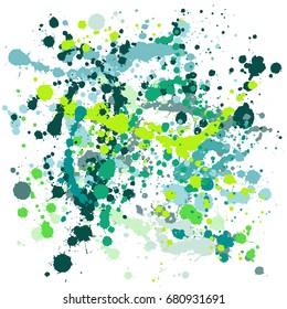 Paint splatter vector background. Sea green gouache paint splashes vector pattern. Colorful ink or acrylic paint splatter illustration, grunge abstract painting.