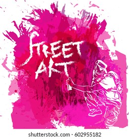 Paint spot with splash in watercolor style. Graffiti guy makes street art on wall. Vector illustration. Background for flayer, web banner, print. Art