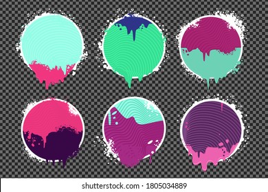 Paint spots. Graffiti style borders set on isolated background. Grunge vector backdrop with spray splashes. Web banners on transparent background.