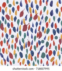 Paint spots ornament in red, blue, green, beige and purple colors a seamless pattern on a white background.