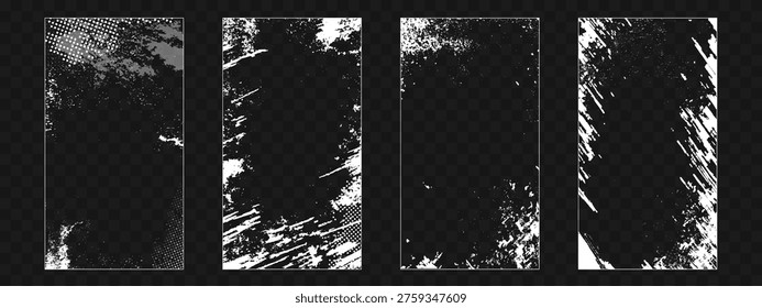 Paint spray background with abstract grunge pattern and brush stroke art. Punk street white graphic overlay on black paper with distressed texture. Urban poster design with rough halftone effect