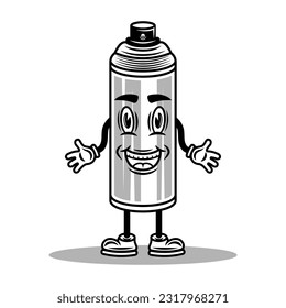 Paint spray can cartoon character with hands and legs vector illustration in vintage monochrome style isolated on white background