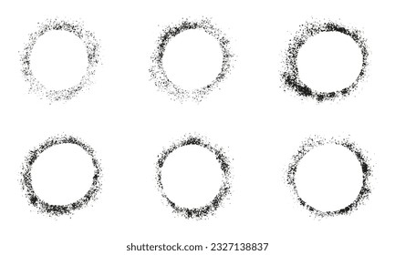 Paint Spray Circle Splatter, Ink Stain Set. Messy Grunge Frame. Rough Texture Brushstroke Collection. Abstract Round Grungy Border, Halftone Effect Circular Paintbrush. Isolated Vector Illustration.