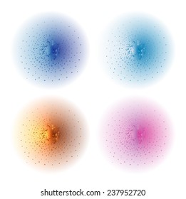 Paint spray effect.Dark blue, sky blue, gold, pink color splashes spheres. Vector clip art illustration isolated on white