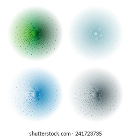 Paint spray effect.Green, aqua, ice blue, silver color splashes spheres. Vector clip art illustration isolated on white