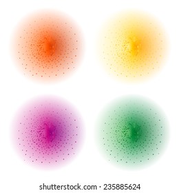 Paint spray effect.Orange, yellow, purple, green color splashes spheres. Vector clip art illustration isolated on white