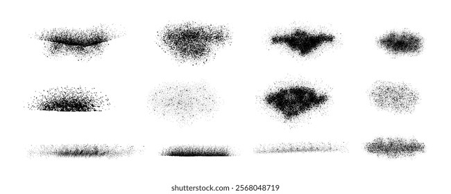 Paint spray noise of grains or brush dust and black sand particles, vector abstract shape effect. Wavy spray paint in graffiti ink style with grainy noise texture of black dots and rough dust. EPS