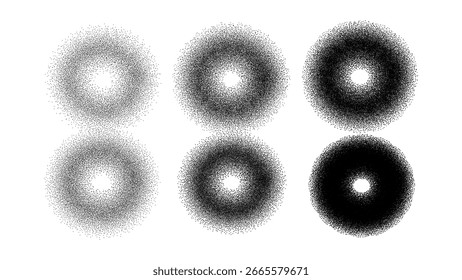 Pintura spray conjunto círculo ruido de granos o polvo de cepillo y partículas de arena negra, efecto de forma abstracta de Vector. 