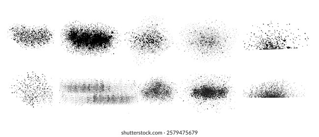 Paint spray set noise of grains or brush dust and black sand particles, vector abstract shape effect. Wavy spray paint in graffiti ink style with grainy noise texture of black dots and rough dust. EPS