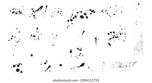 Paint spray splatters set. Grunge graffiti splashes and drips pack. Ink spots and blob shapes. Collage smudge ruined spill. Vector hand drawn collection illustration isolated on white background.