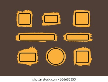 Paint stains with frames. Brush strokes with boxes for text. Rectangular, square, round. Set of eight grunge stickers isolated on a brown background. Orange, black.