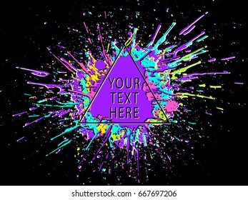 Paint stains. Grunge background. Ink splatter poster. Poster design. Spray drops. Blots and splashes. Carnival or festival poster. Liquid stains banner or cover. Abstract vector template for design.