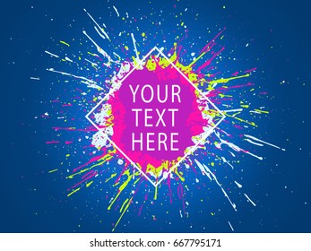 Paint stains. Grunge background. Ink splatter poster. Poster design. Spray drops. Blots and splashes. Liquid stains banner or cover. Abstract vector template for design.