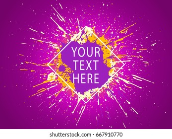 Paint stains. Grunge background. Ink splatter poster. Poster design. Spray drops. Blots and splashes. Liquid stains banner or cover. Abstract vector template for design.
